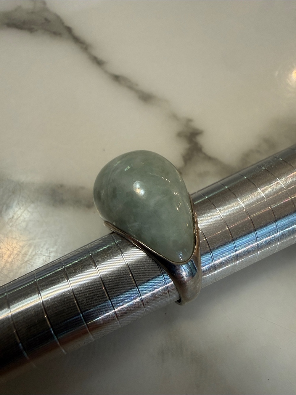 “WW” silver and blue-green cabochon ring, size 7.5-8